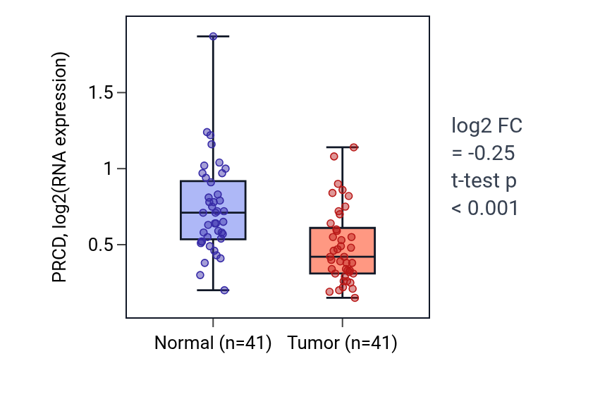 Tumor-vs-normal expression box plot for PRCD in THCA.