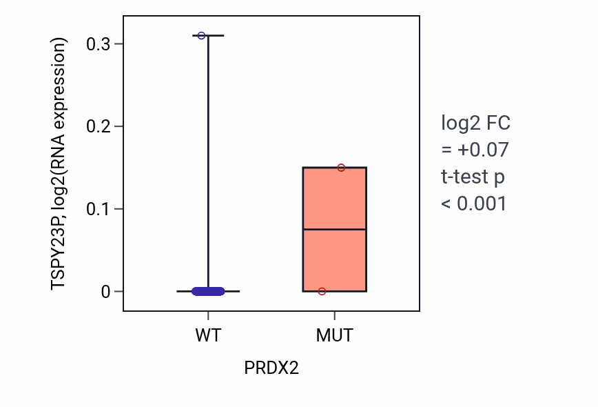 Box plot of TSPY23P in PRDX2-low vs PRDX2-high samples in HNSC.