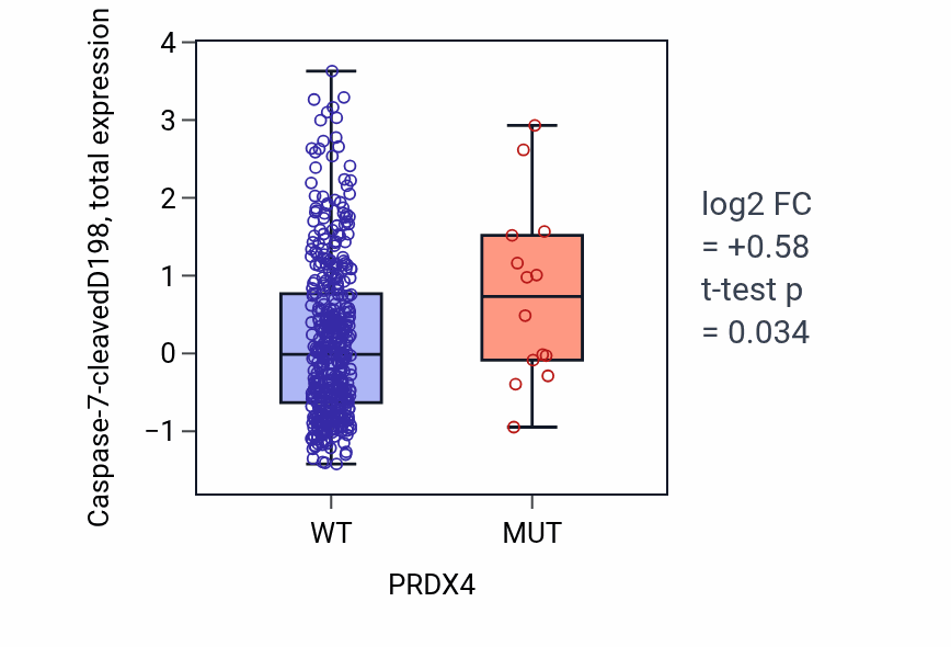 Box plot of Caspase-7-cleavedD198 in PRDX4-low vs PRDX4-high samples in UCEC.