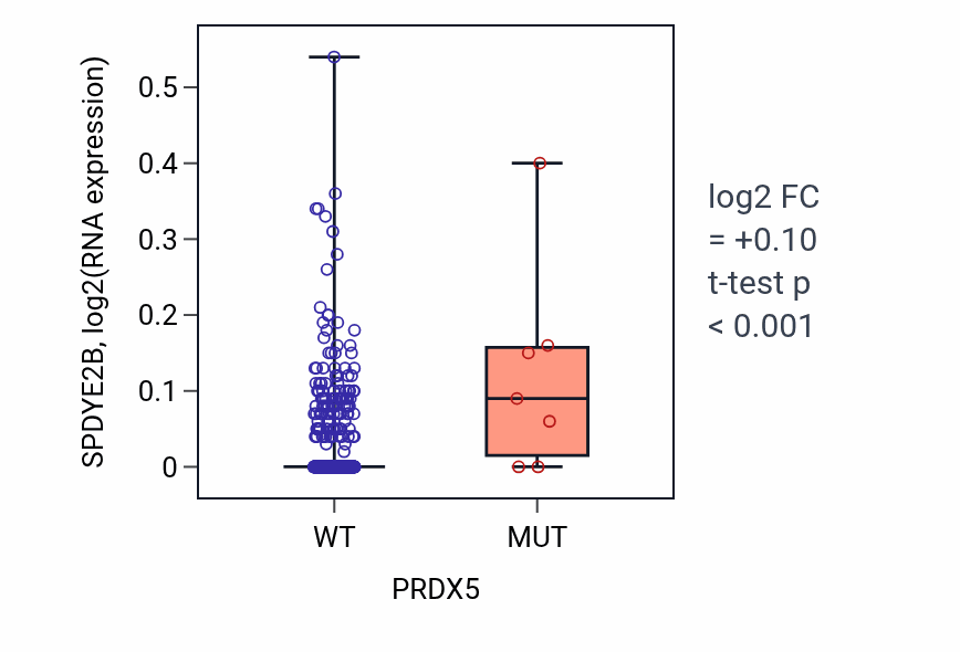 Box plot of SPDYE2B in PRDX5-low vs PRDX5-high samples in UCEC.