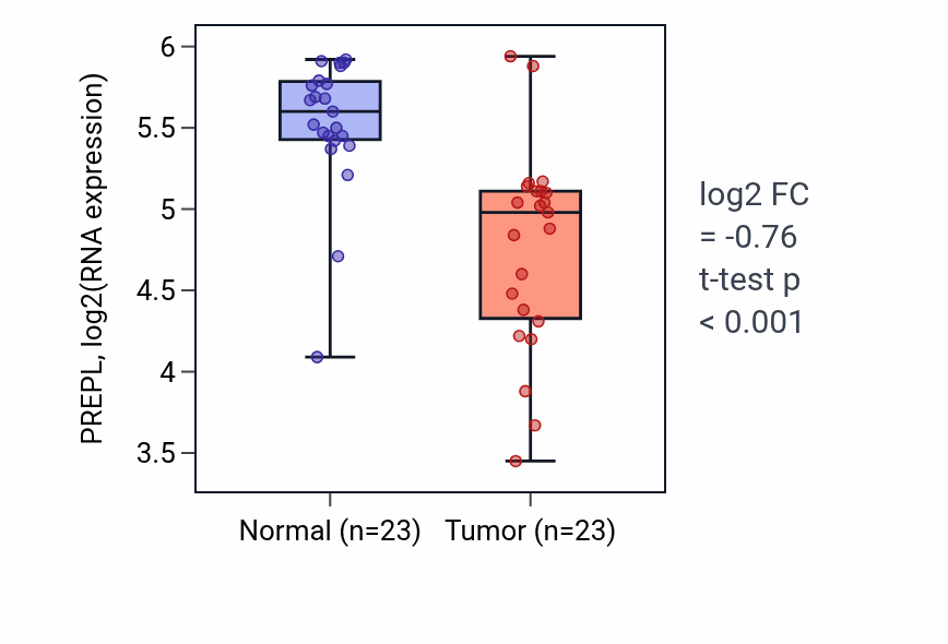 Tumor-vs-normal expression box plot for PREPL RNA in THCA.