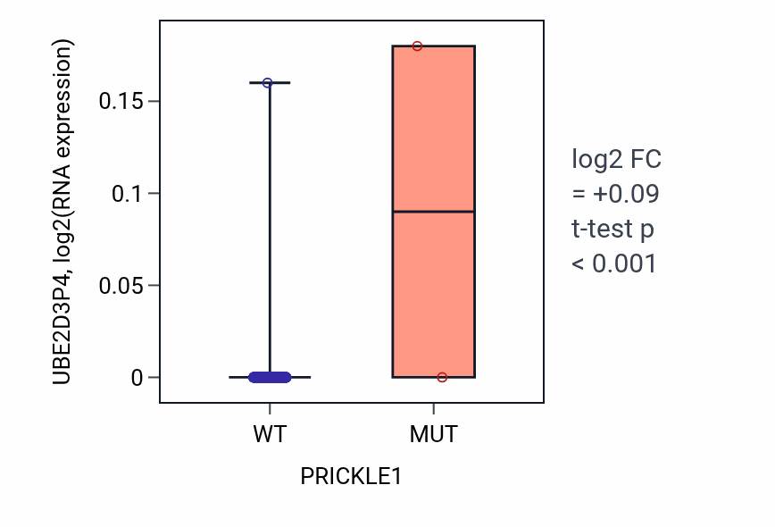 Box plot of UBE2D3P4 in PRICKLE1-low vs PRICKLE1-high samples in PRAD.