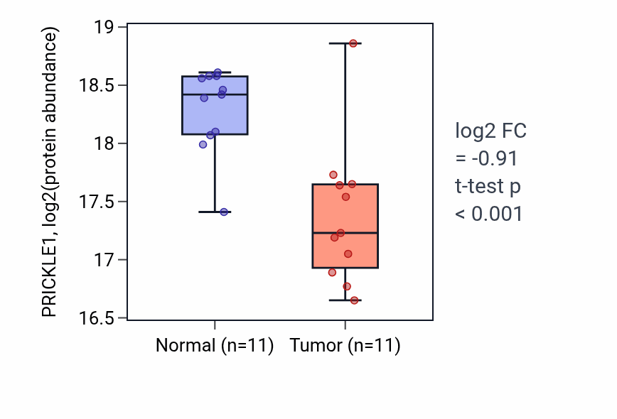 Tumor-vs-normal mass-spec protein box plot for PRICKLE1 in LUAD.