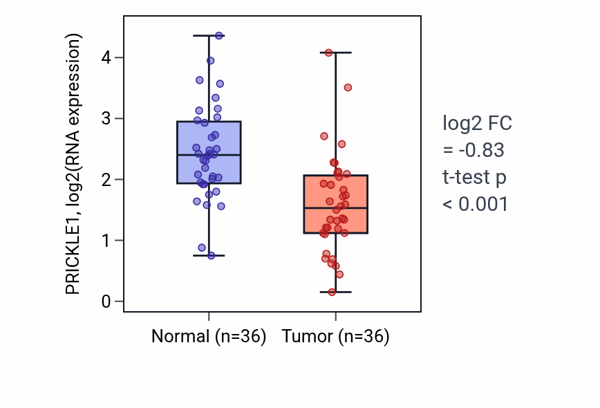 Tumor-vs-normal expression box plot for PRICKLE1 RNA in KIRC.