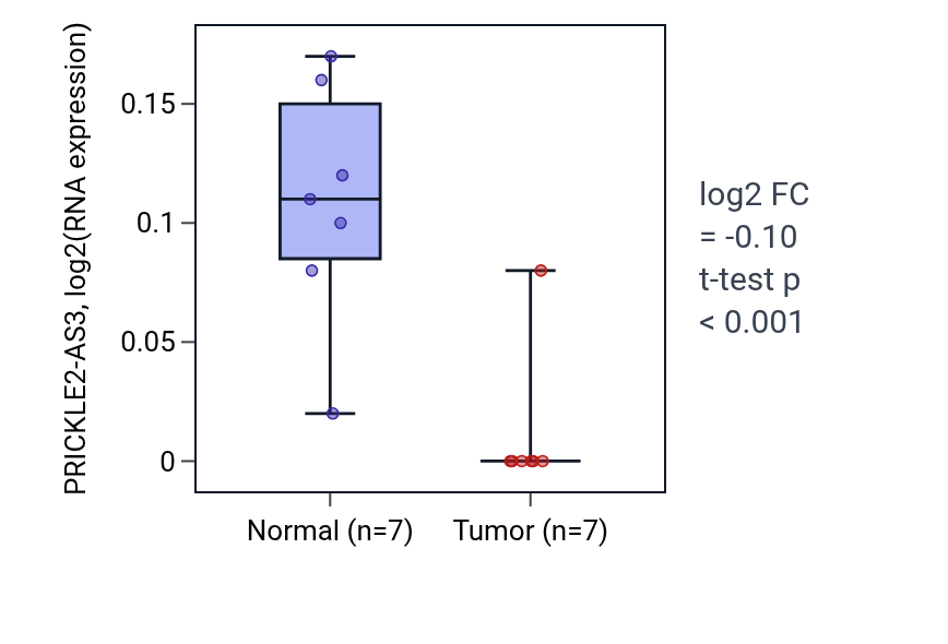 Tumor-vs-normal expression box plot for PRICKLE2-AS3 in LUSC.