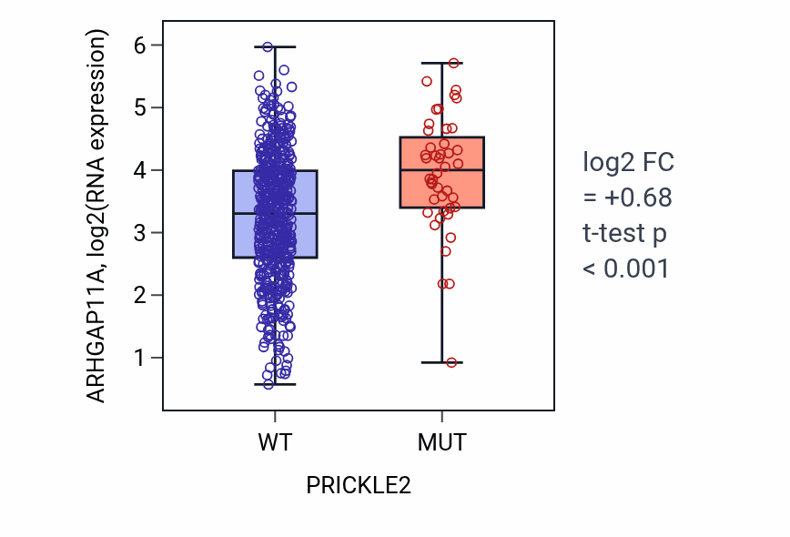Box plot of ARHGAP11A in PRICKLE2-low vs PRICKLE2-high samples in UCEC.
