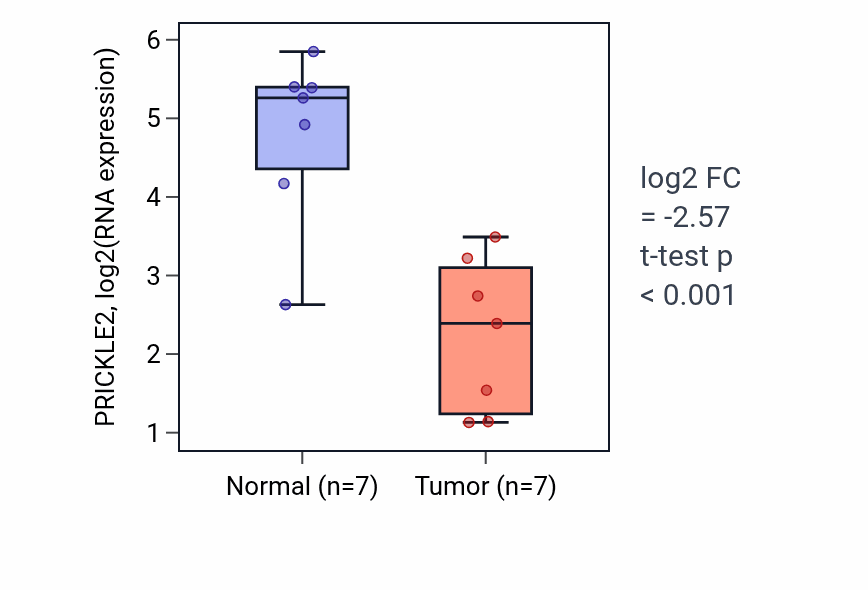 Tumor-vs-normal expression box plot for PRICKLE2 RNA in BLCA.