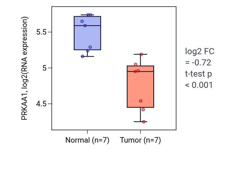Tumor-vs-normal expression box plot for PRKAA1 RNA in THCA.