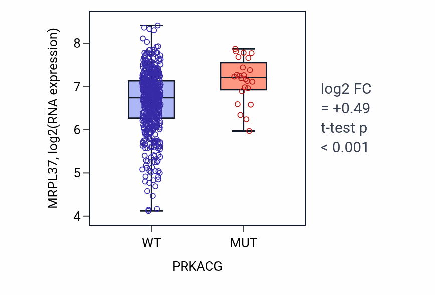 Box plot of MRPL37 in PRKACG-low vs PRKACG-high samples in UCEC.