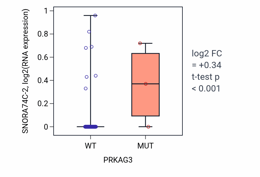 Box plot of SNORA74C-2 in PRKAG3-low vs PRKAG3-high samples in READ.