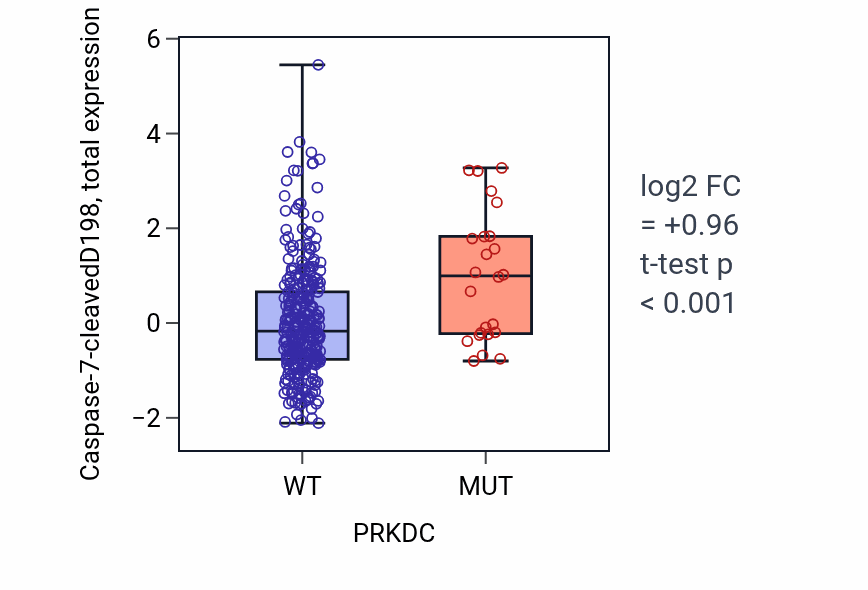 Box plot of Caspase-7-cleavedD198 in PRKDC-low vs PRKDC-high samples in COAD.