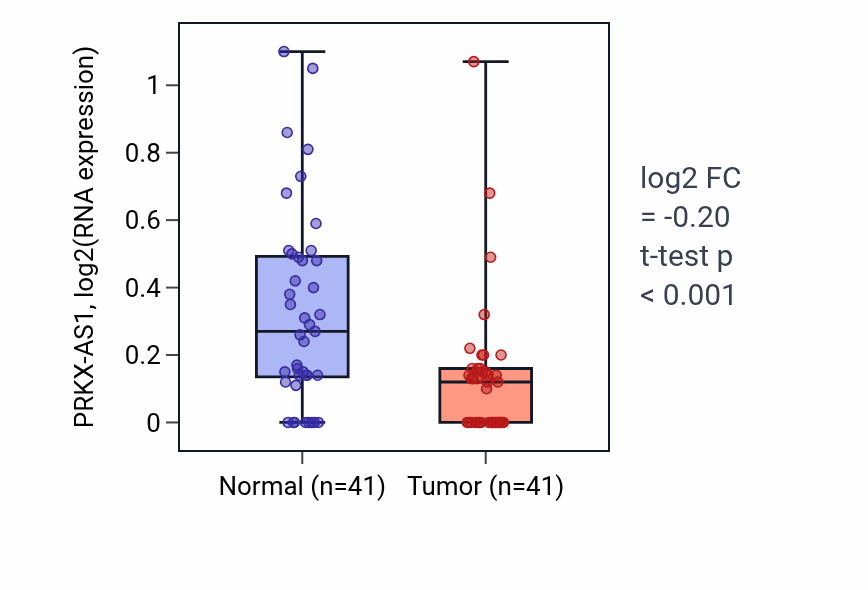 Tumor-vs-normal expression box plot for PRKX-AS1 in THCA.