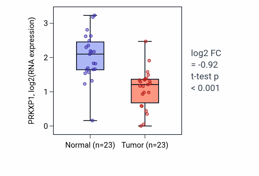 Tumor-vs-normal expression box plot for PRKXP1 in THCA.