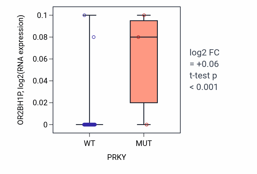 Box plot of OR2BH1P in PRKY-low vs PRKY-high samples in SKCM.
