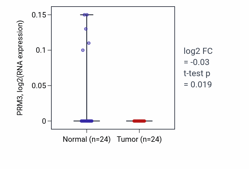 Tumor-vs-normal expression box plot for PRM3 in KIRC.