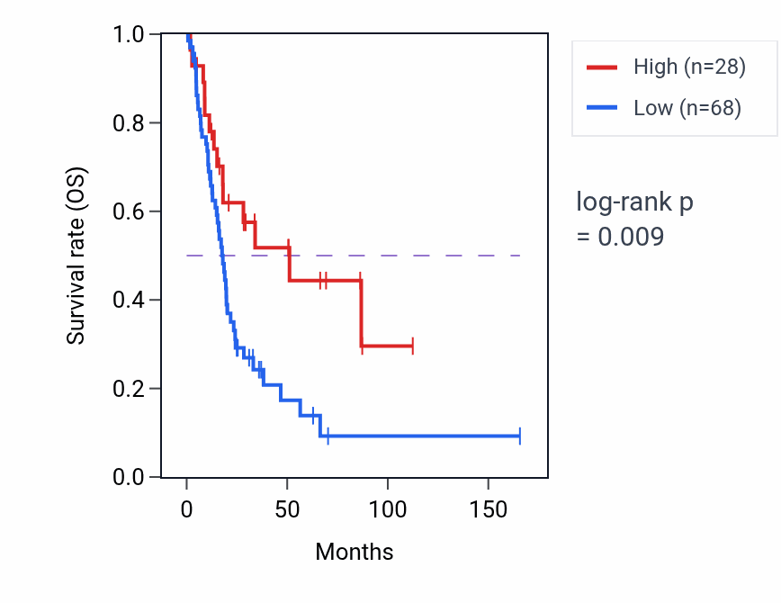 Kaplan&ndash;Meier survival curve for PRR13P3 RNA expression in BLCA: high vs low expression groups.