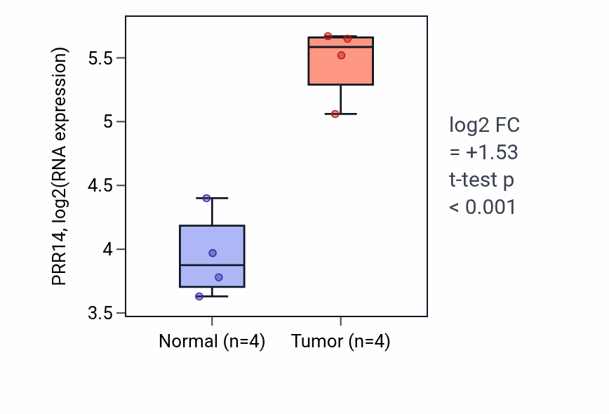 Tumor-vs-normal expression box plot for PRR14 RNA in KIRP.