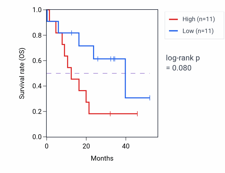Kaplan&ndash;Meier survival curve for PRR18 mass-spec protein-high vs -low samples in GBM.