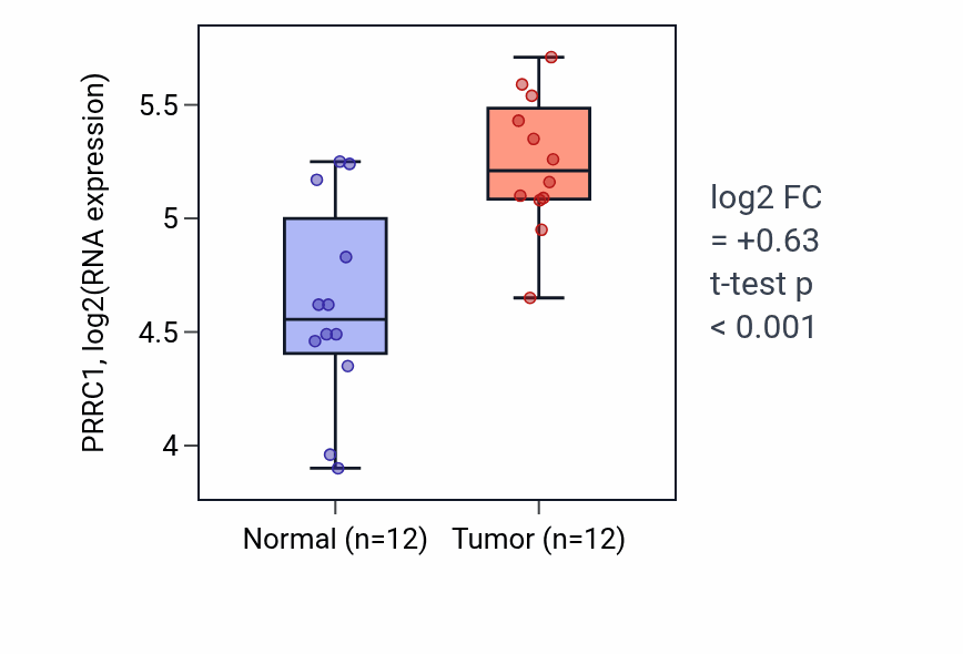 Tumor-vs-normal expression box plot for PRRC1 RNA in KIRC.
