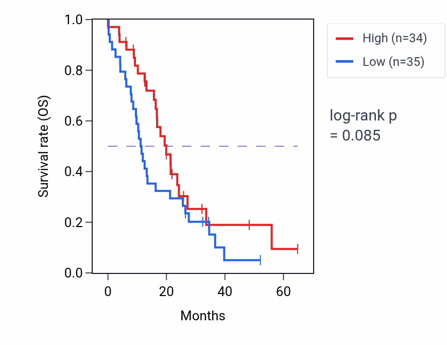 Kaplan&ndash;Meier survival curve for PRRG3 mass-spec protein-high vs -low samples in GBM.