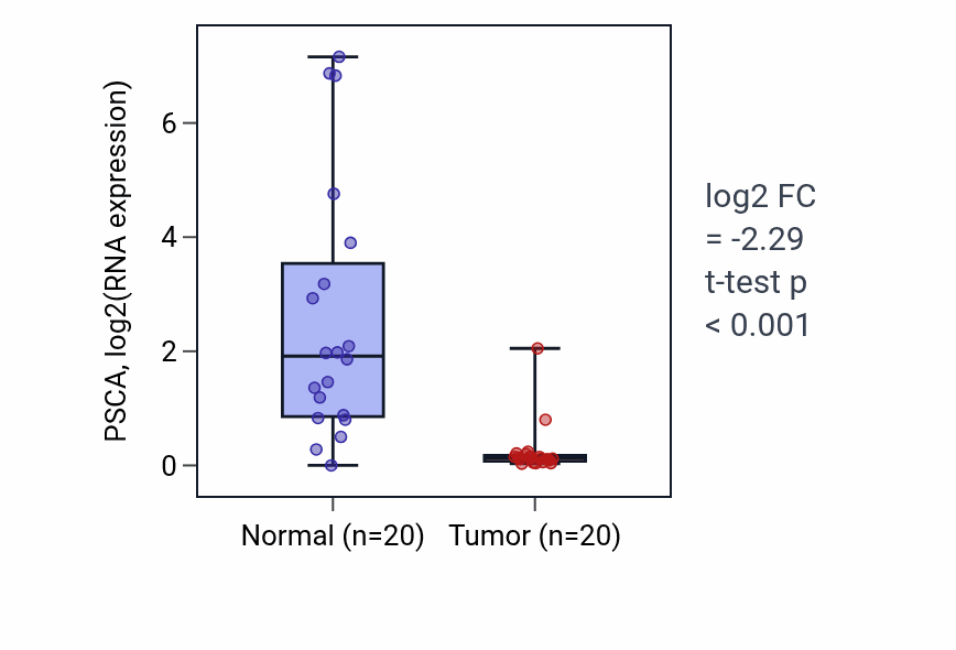Tumor-vs-normal expression box plot for PSCA RNA in KIRC.