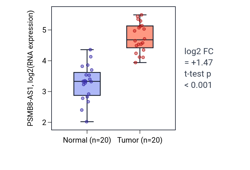 Tumor-vs-normal expression box plot for PSMB8-AS1 in KIRC.