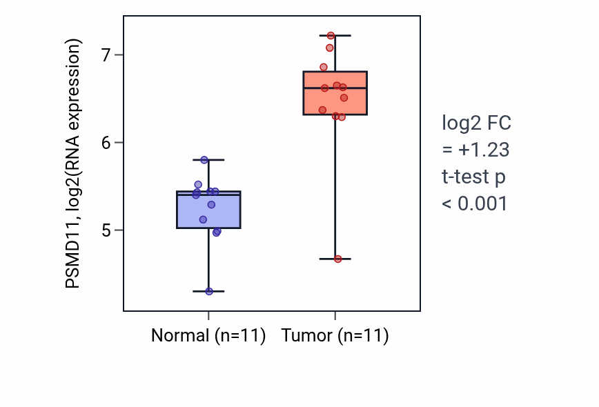 Tumor-vs-normal expression box plot for PSMD11 RNA in HNSC.