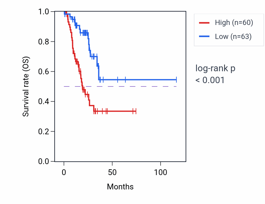 Kaplan&ndash;Meier survival curve for PSMD8P1 RNA expression in STAD: high vs low expression groups.