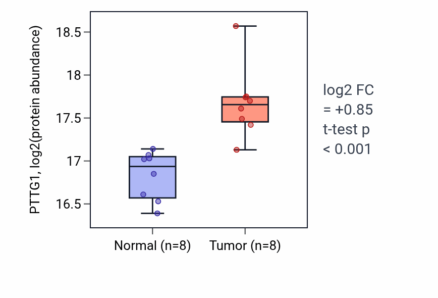 Tumor-vs-normal mass-spec protein box plot for PTTG1 in HNSC.