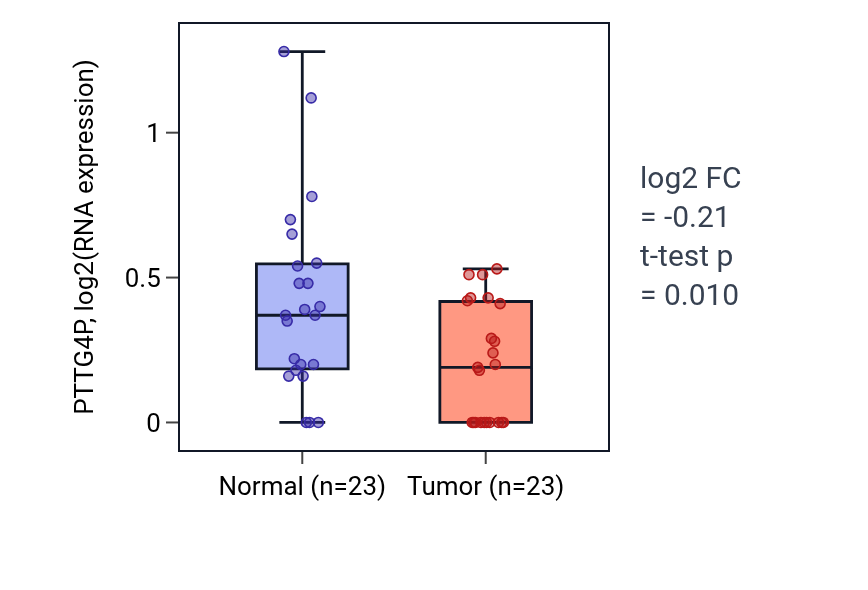 Tumor-vs-normal expression box plot for PTTG4P in THCA.