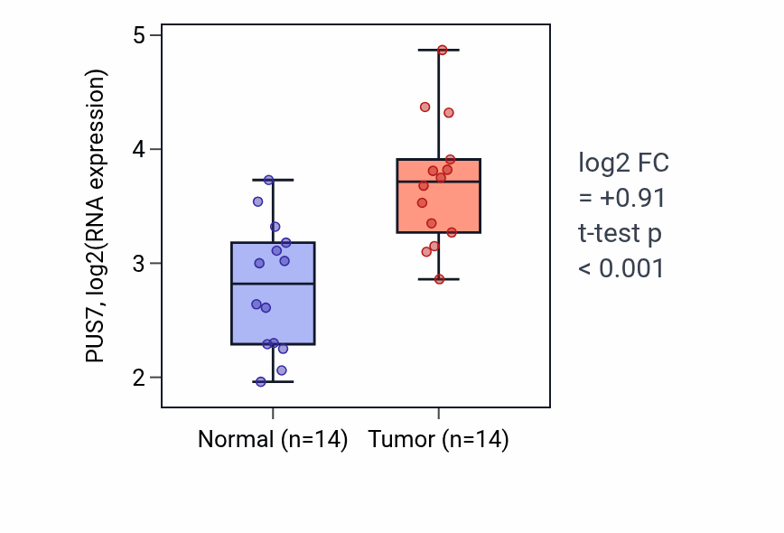 Tumor-vs-normal expression box plot for PUS7 RNA in KIRC.