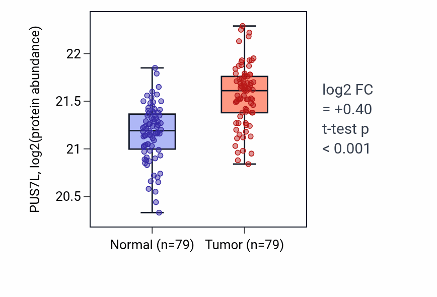 Tumor-vs-normal mass-spec protein box plot for PUS7L in LSCC.