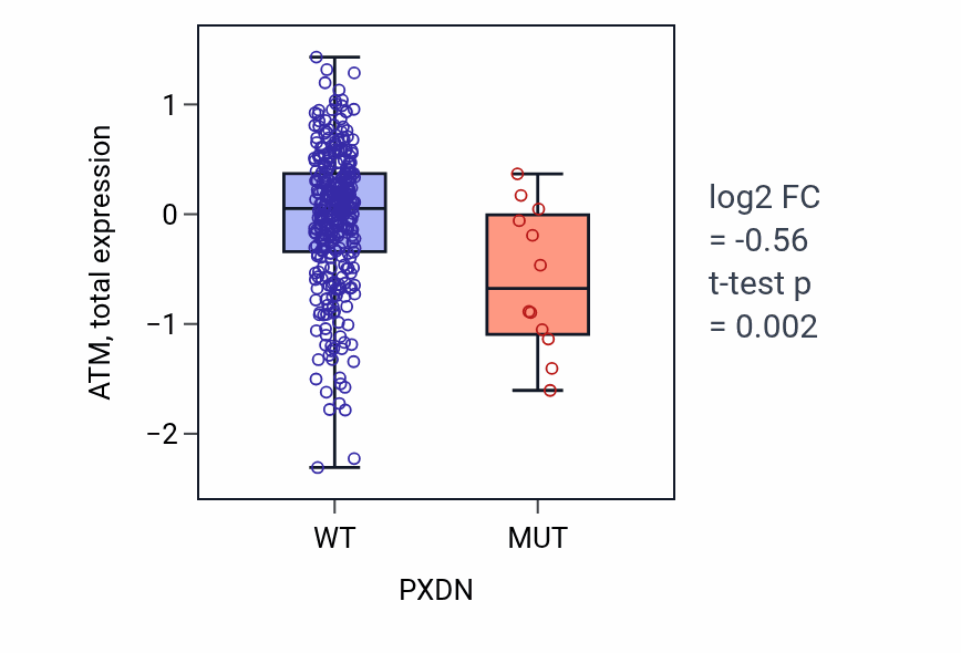 Box plot of ATM in PXDN-low vs PXDN-high samples in BLCA.