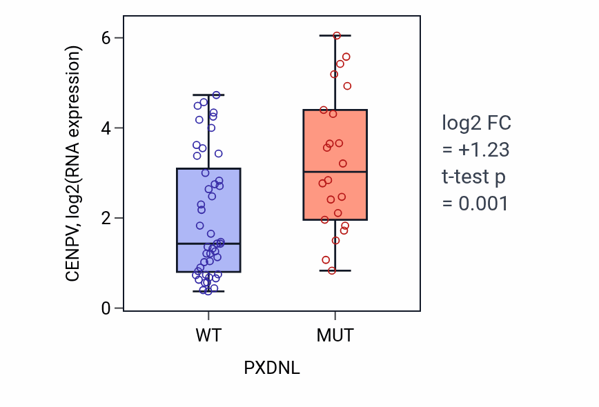 Box plot of CENPV in PXDNL-low vs PXDNL-high samples in SKIN.