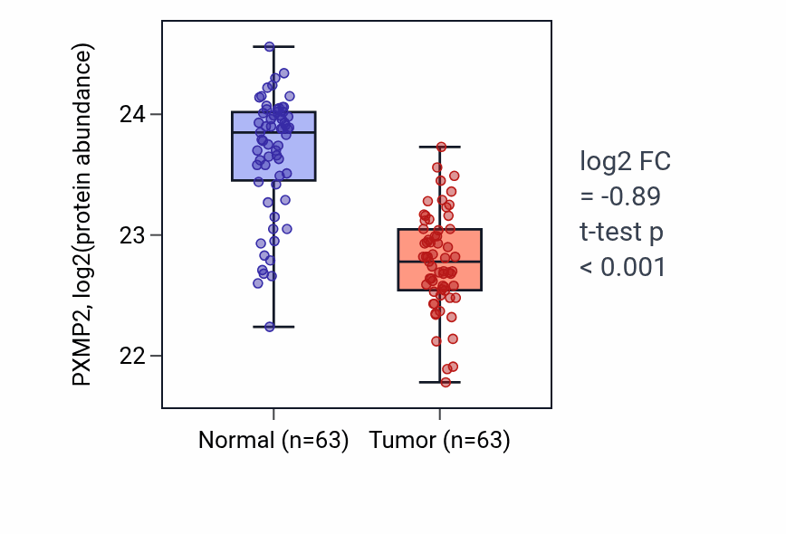 Tumor-vs-normal mass-spec protein box plot for PXMP2 in CCRCC.
