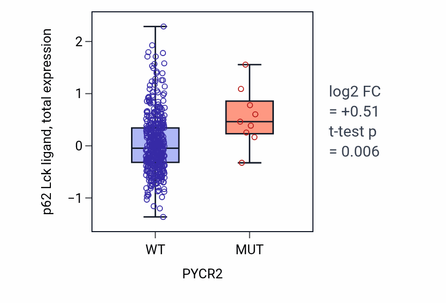 Box plot of p62 Lck ligand in PYCR2-low vs PYCR2-high samples in UCEC.