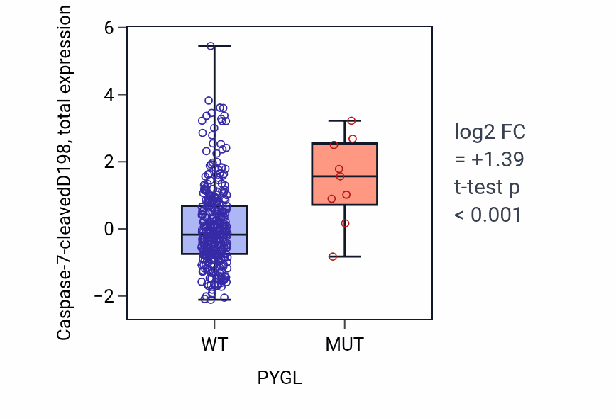 Box plot of Caspase-7-cleavedD198 in PYGL-low vs PYGL-high samples in COAD.