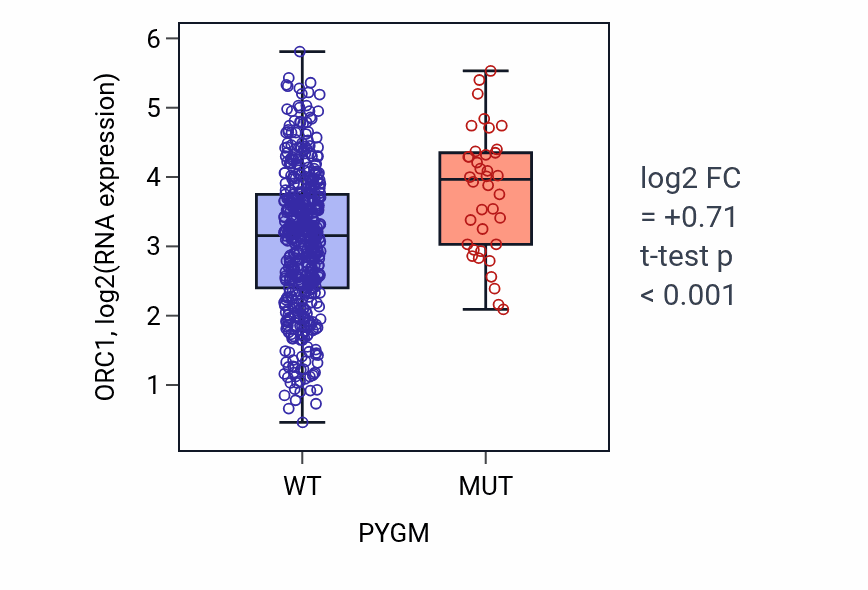 Box plot of ORC1 in PYGM-low vs PYGM-high samples in UCEC.