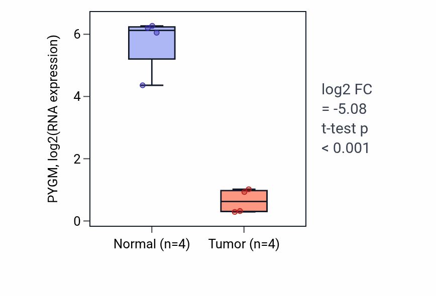 Tumor-vs-normal expression box plot for PYGM RNA in BLCA.