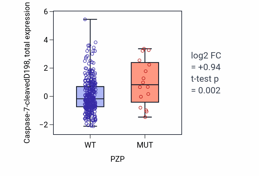 Box plot of Caspase-7-cleavedD198 in PZP-low vs PZP-high samples in COAD.
