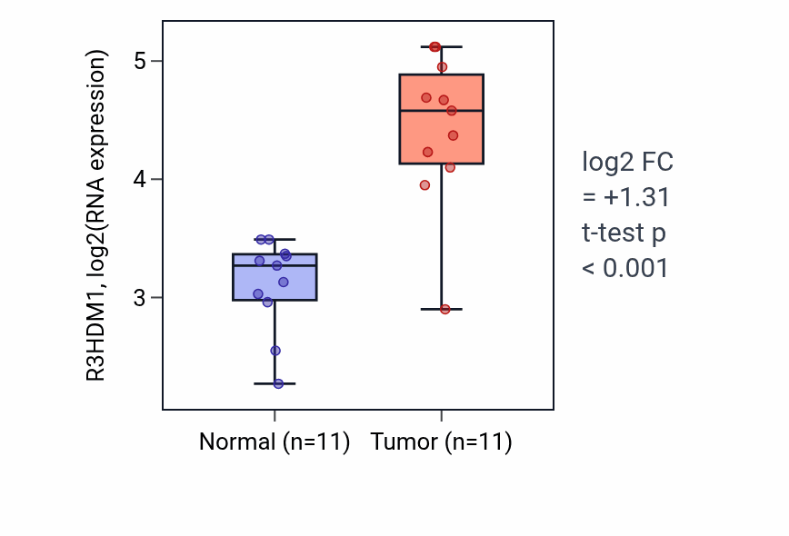 Tumor-vs-normal expression box plot for R3HDM1 RNA in HNSC.