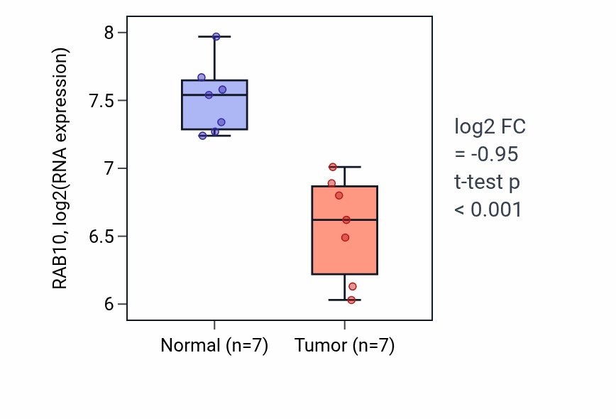 Tumor-vs-normal expression box plot for RAB10 RNA in THCA.