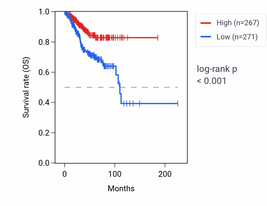 Kaplan&ndash;Meier survival curve for RAB11B-AS1 RNA expression in UCEC: high vs low expression groups.