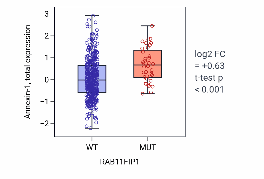Box plot of Annexin-1 in RAB11FIP1-low vs RAB11FIP1-high samples in UCEC.