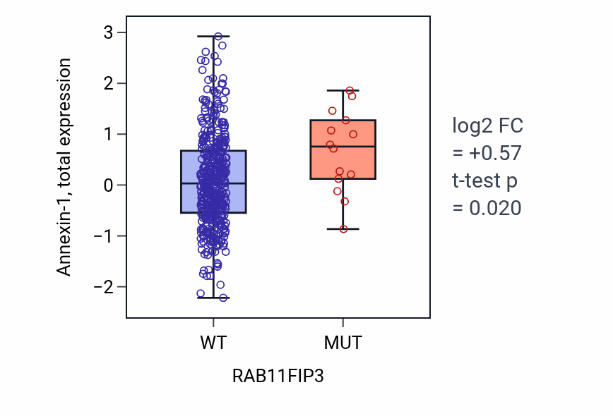 Box plot of Annexin-1 in RAB11FIP3-low vs RAB11FIP3-high samples in UCEC.