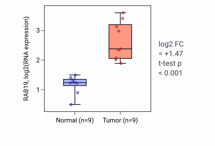 Tumor-vs-normal expression box plot for RAB19 RNA in LUAD.