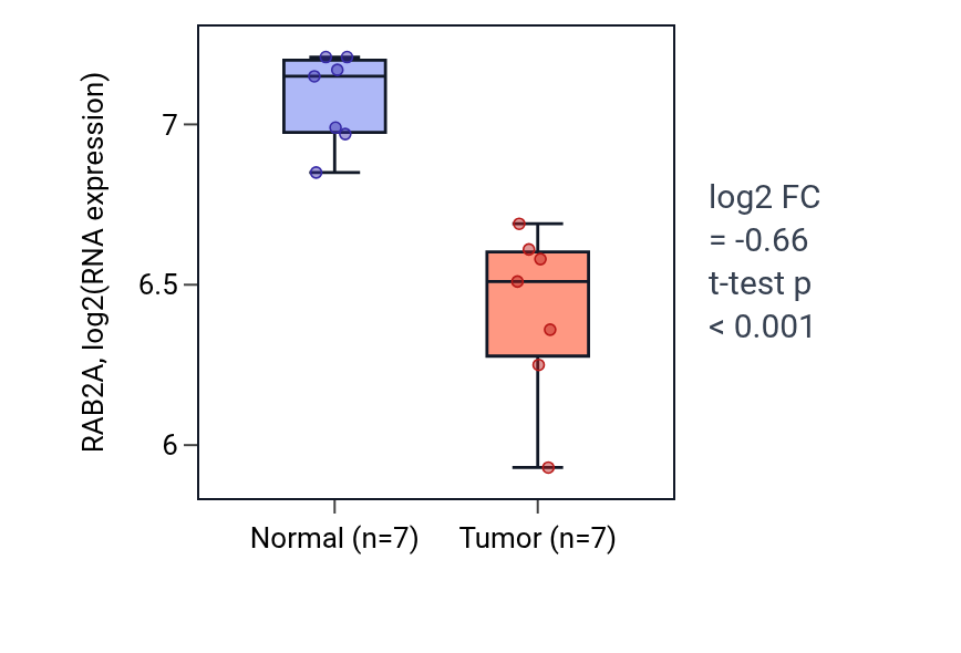 Tumor-vs-normal expression box plot for RAB2A in THCA.
