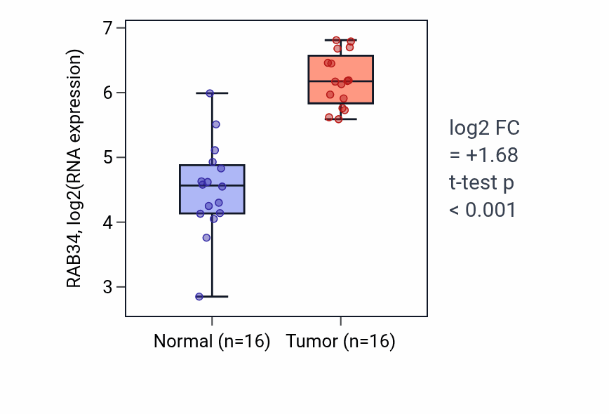 Tumor-vs-normal expression box plot for RAB34 RNA in HNSC.