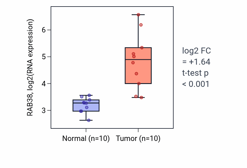 Tumor-vs-normal expression box plot for RAB38 RNA in KIRP.
