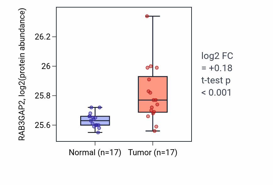 Tumor-vs-normal mass-spec protein box plot for RAB3GAP2 in CCRCC.